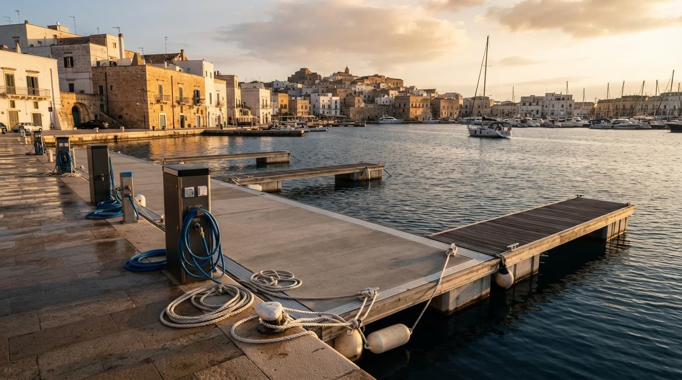 Banchina pugliese con posto libero, servizi nautici e una barca sullo sfondo.