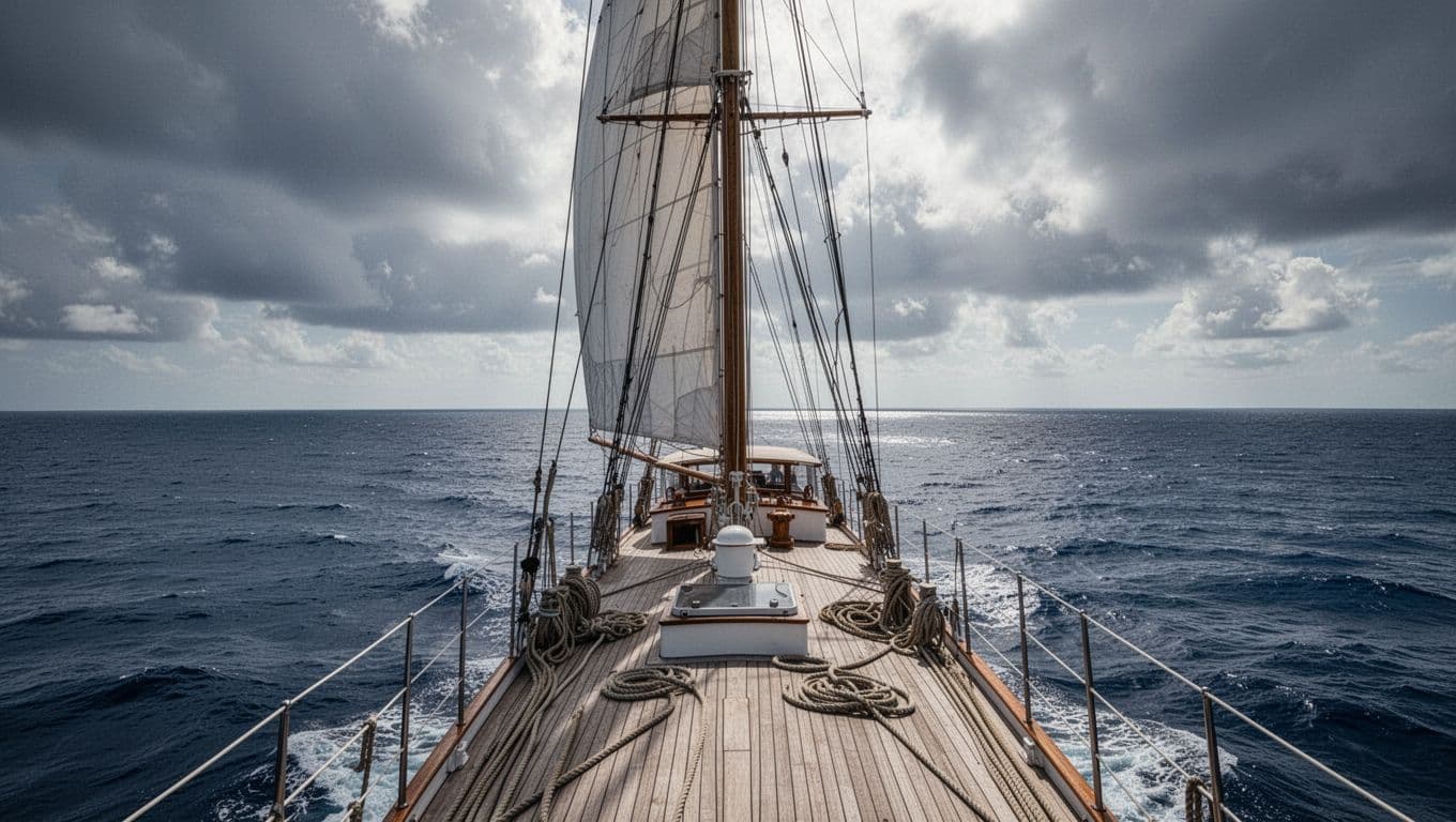 Barca a vela sul mare blu con corde e alberi visibili sotto nuvole scure.