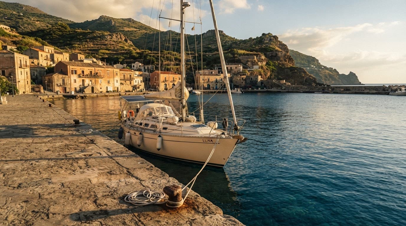 Barca a vela ormeggiata presso una banchina siciliana al tramonto.