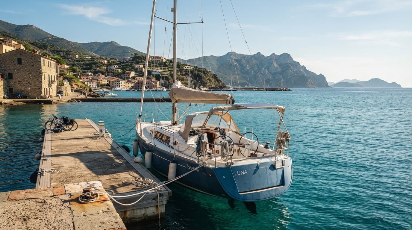 Barca a vela ormeggiata davanti alla costa dell'Elba e a un villaggio sul mare.