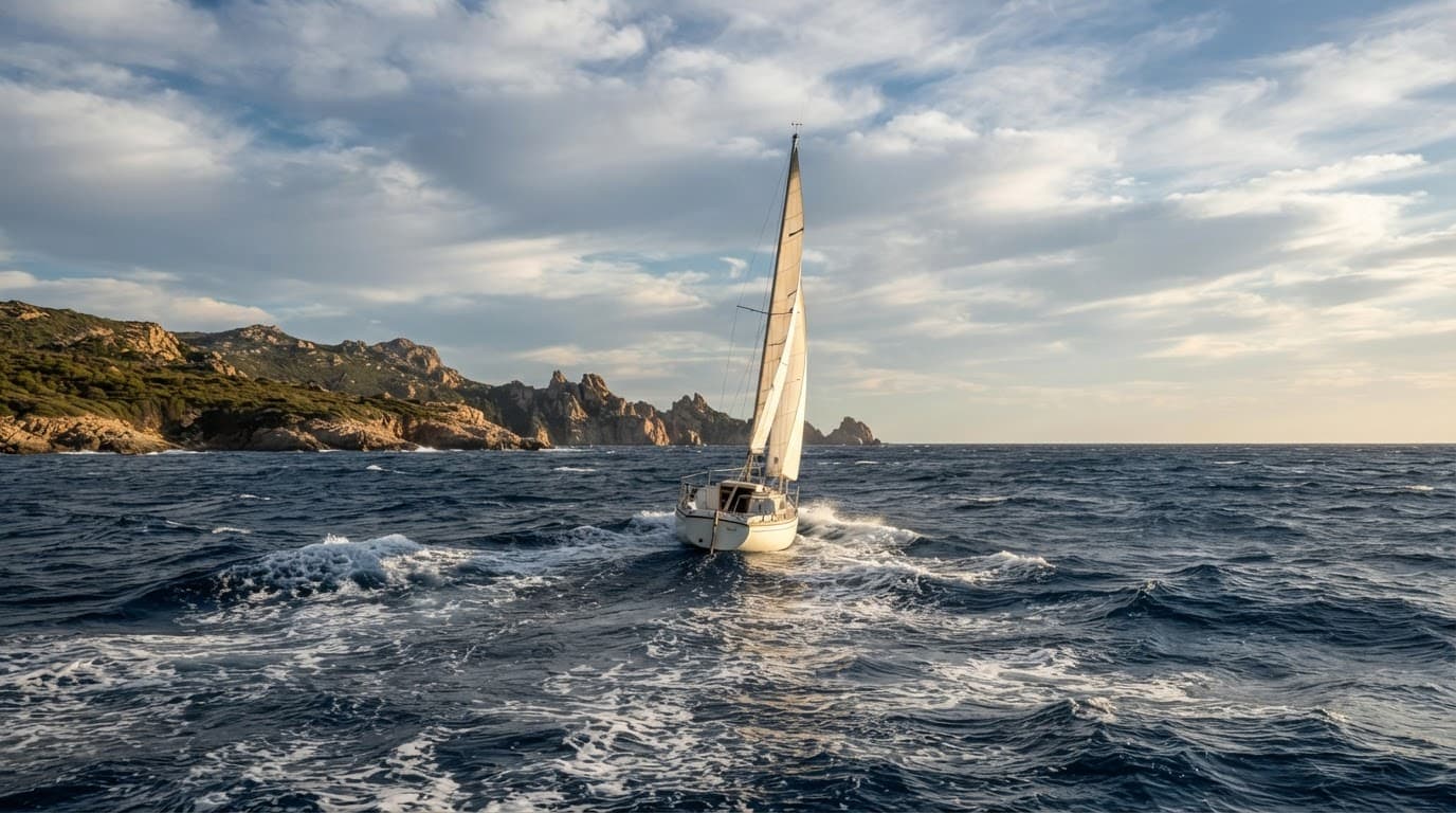 Una barca a vela naviga tra onde mosse lungo la costa sarda.