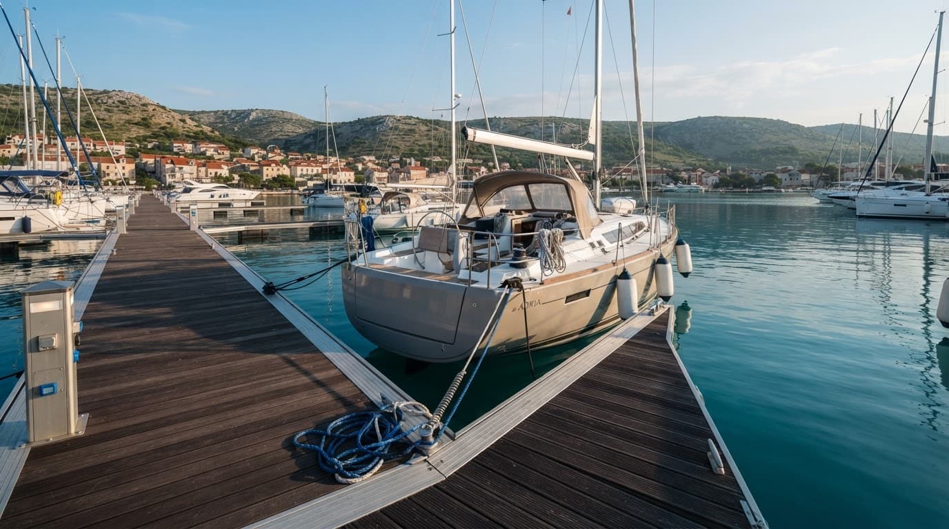 Barca a vela ormeggiata in un marina croato con acqua calma e colline sullo sfondo.