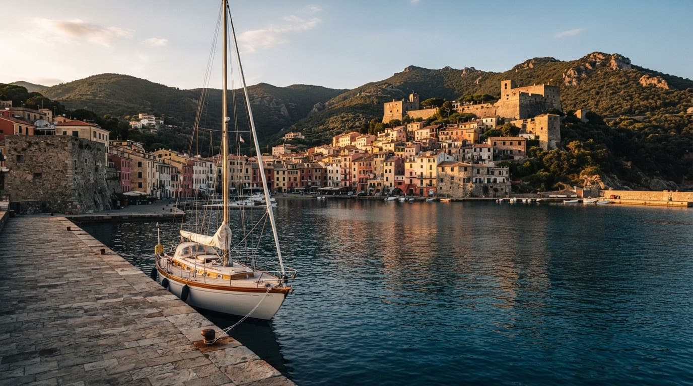 Una barca a vela davanti al borgo di Porto Ercole.