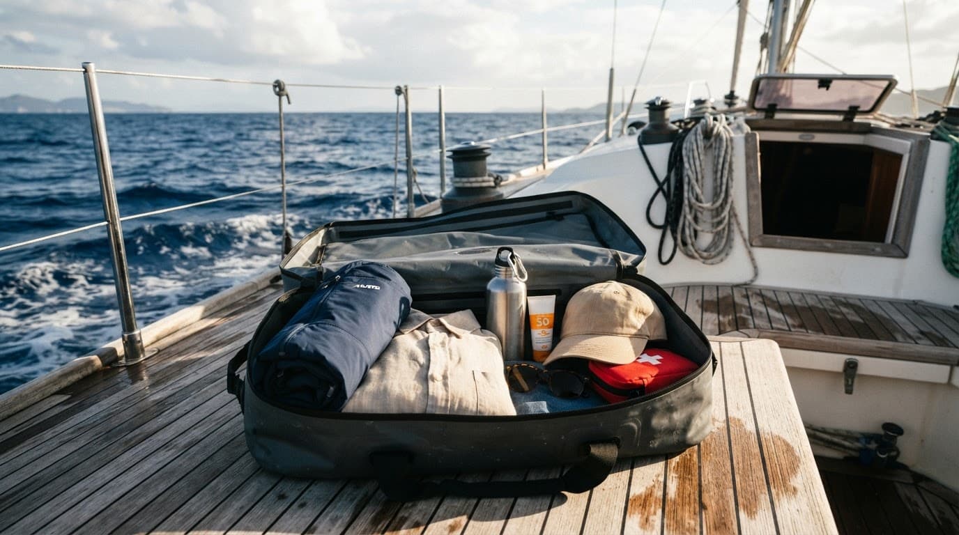 Borsa impermeabile con abiti, crema solare e accessori sul ponte di una barca.