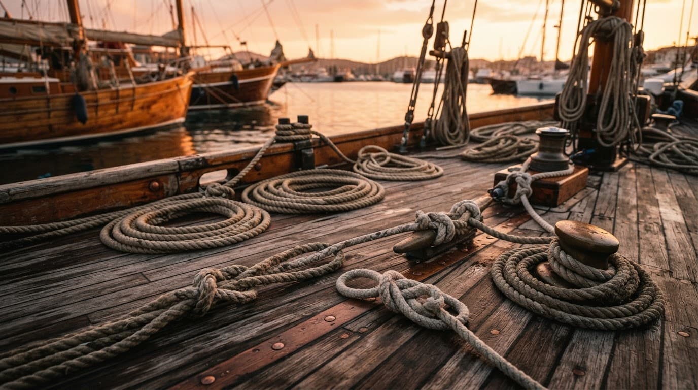 Corde marine arrotolate e nodi sicuri su una coperta lignea al tramonto.