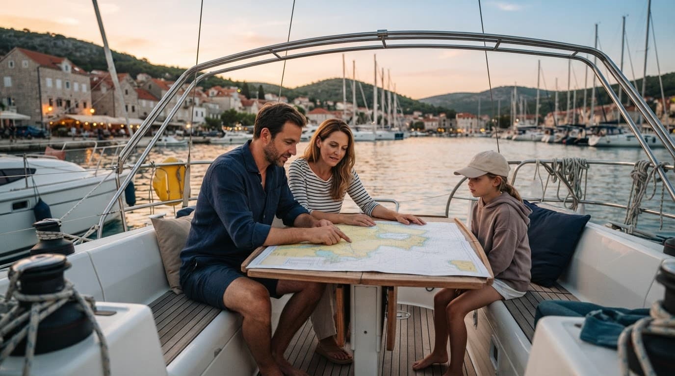 Tre persone guardano una carta nautica su una barca a vela al tramonto.