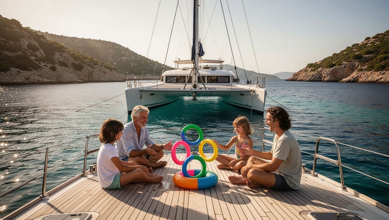 Due adulti e due bambini giocano con anelli colorati sul catamarano.