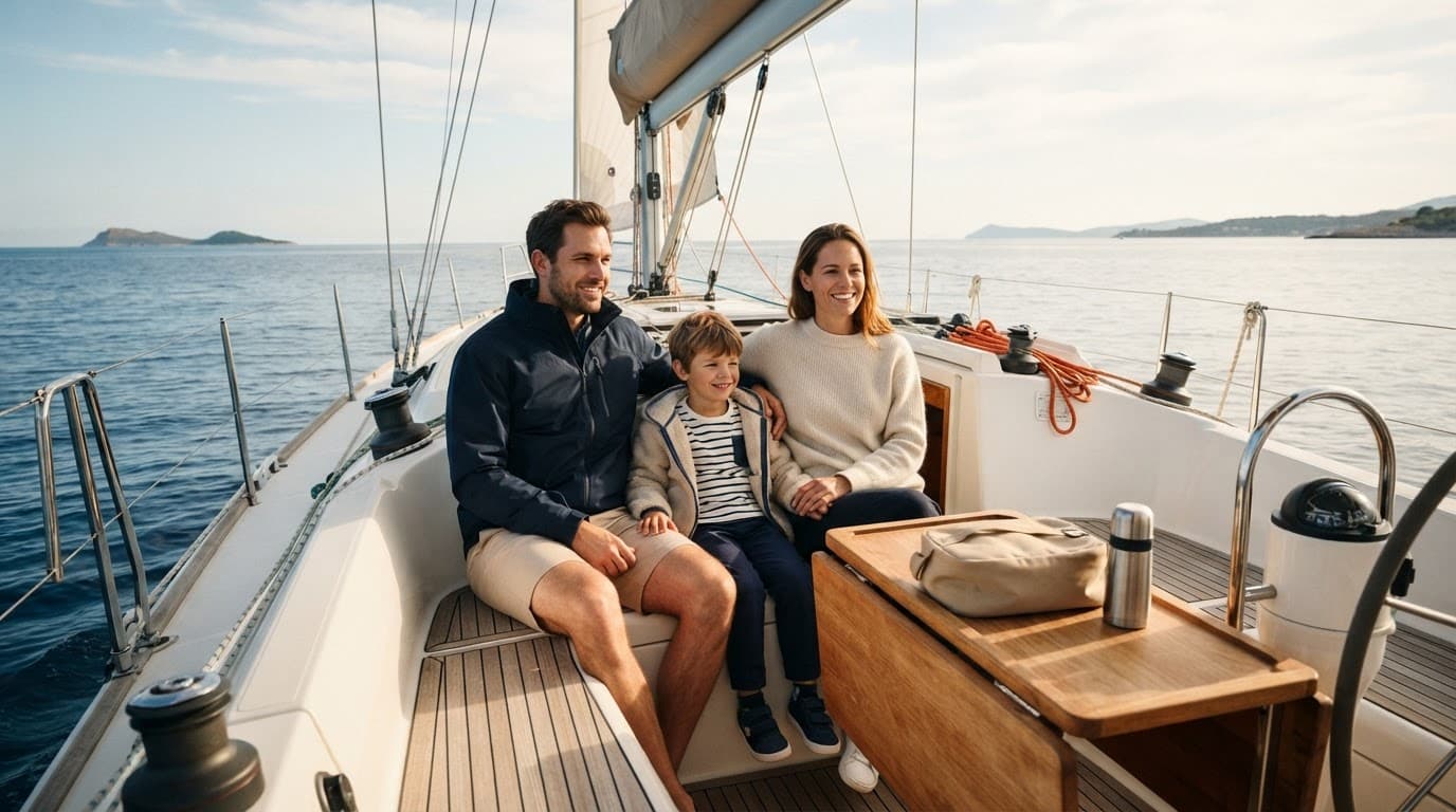 Due adulti e un bambino siedono nel pozzetto di una barca a vela sul mare calmo.