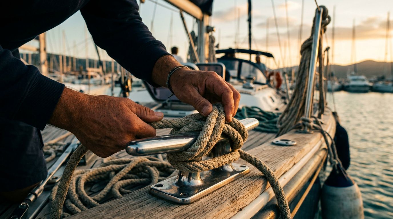 Mani legano una gassa d’amante su una galloccia lucida del veliero.