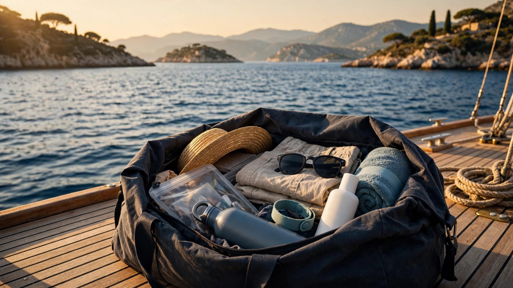 Borsone aperto su una barca a vela con abiti, asciugamano e accessori da viaggio.