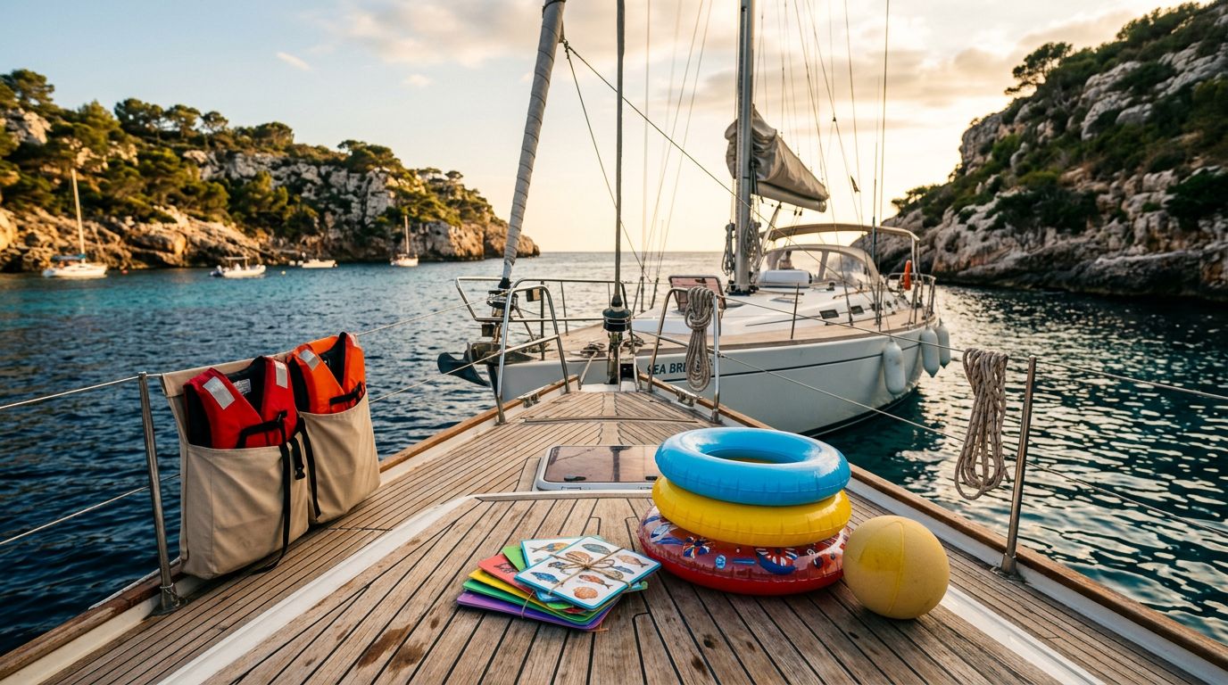 Giochi colorati e giubbotti salvagente sul ponte di una barca in una baia tranquilla.