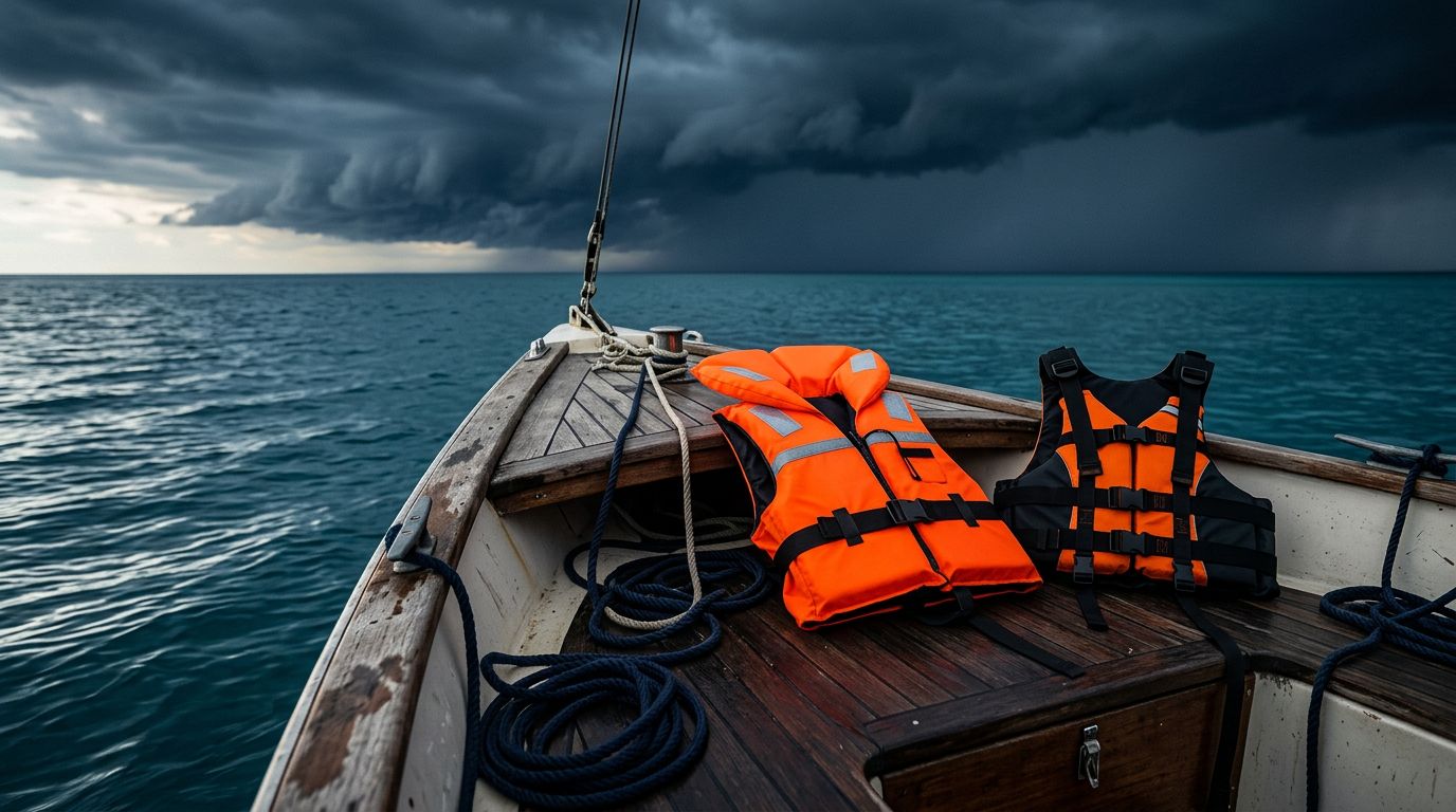 Due giubbotti salvagente arancioni sulla prua di una barca a vela, con mare calmo e cielo nuvoloso.