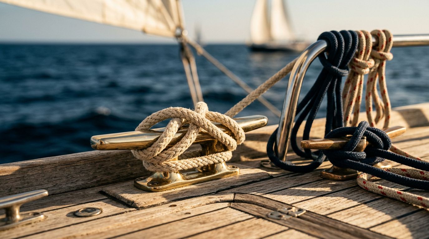 Corde colorate e un nodo nautico fissati alle bitte sul ponte di una barca a vela.