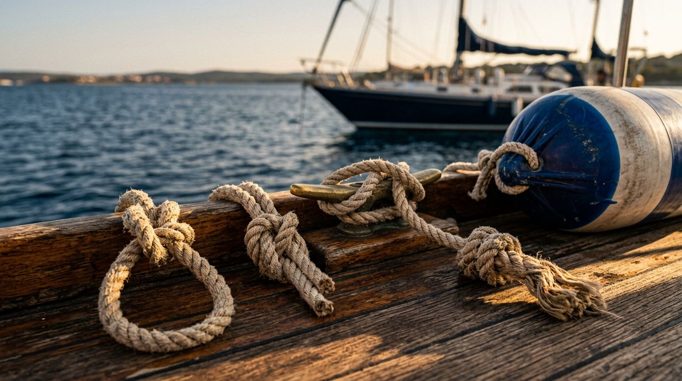 Nodi nautici su una corda, disposti sul ponte di una barca accanto a un parabordo.