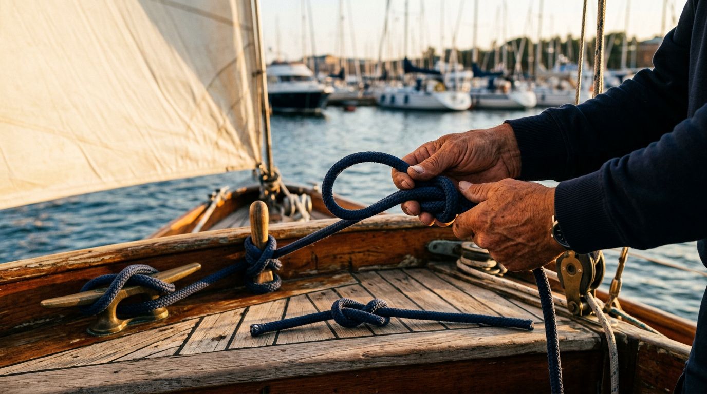 Mani di marinaio che annodano una cima blu sul ponte di una barca a vela.