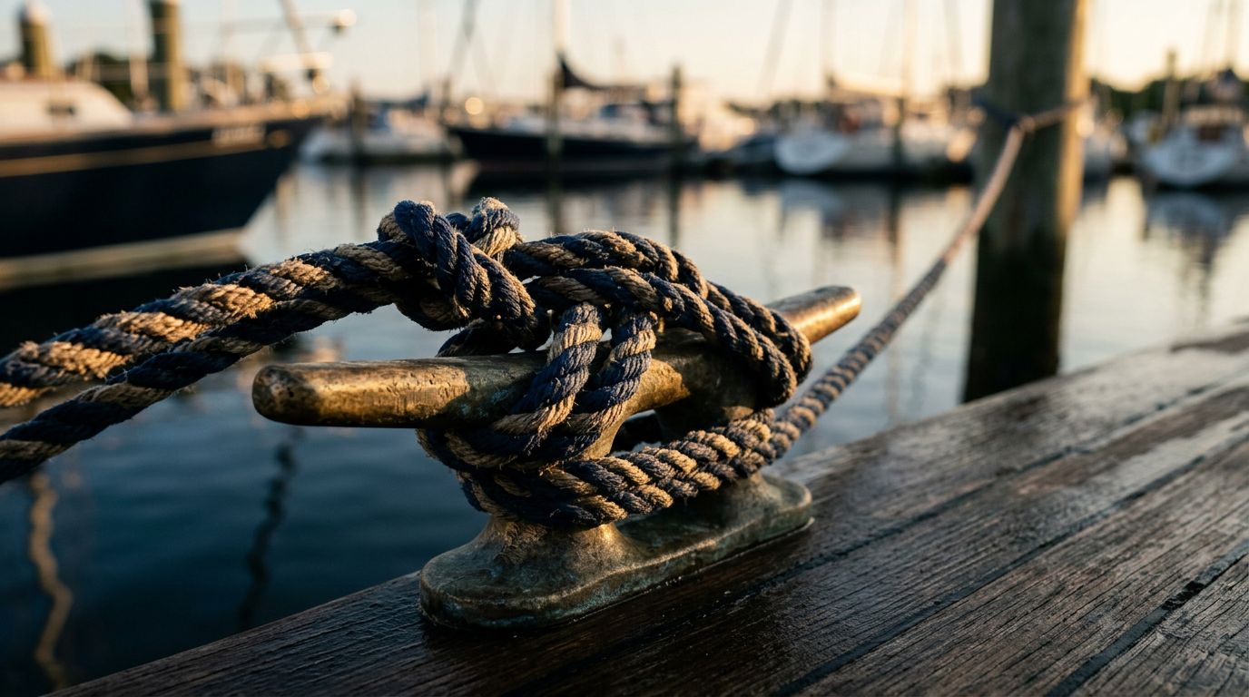Corde nautiche annodate attorno a una galloccia su una barca a vela.