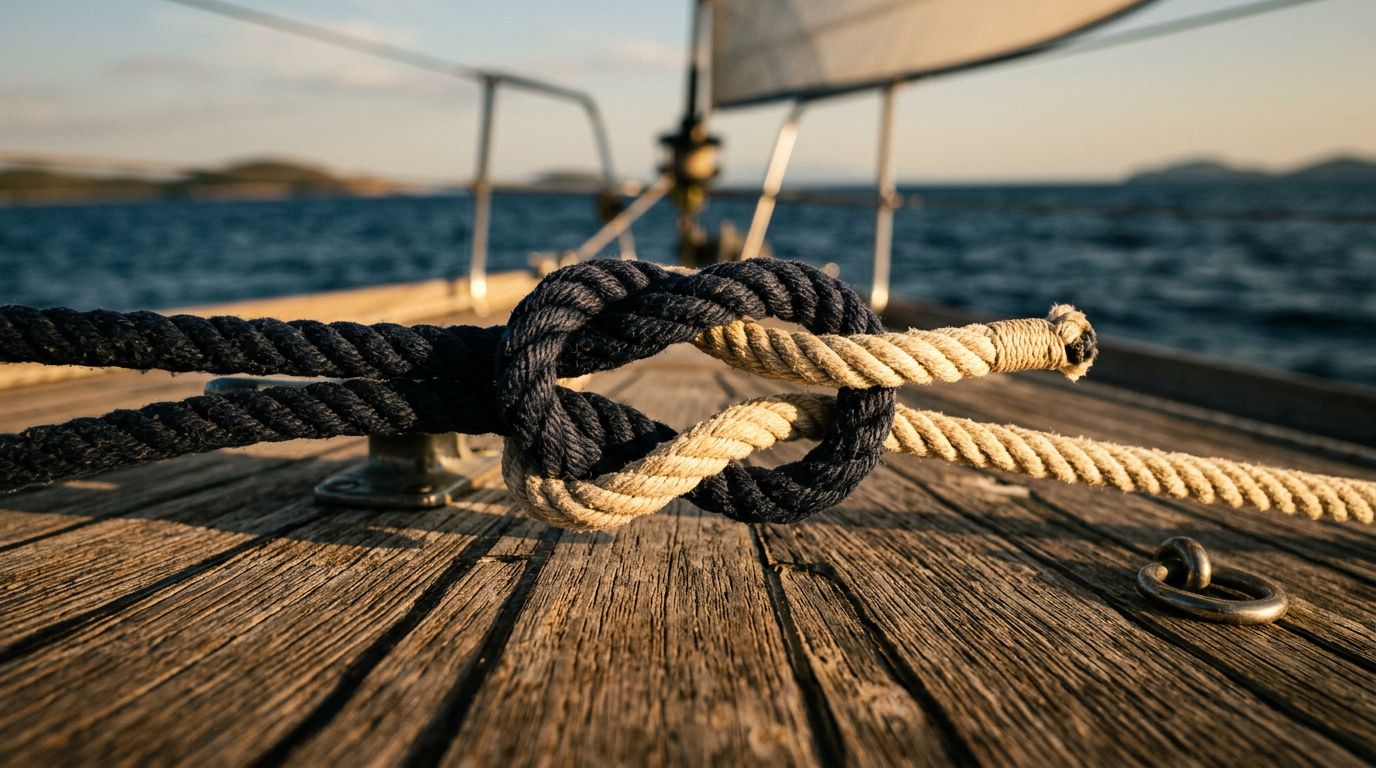 Nodo bandiera che unisce una corda spessa e una sottile su una coperta di legno.