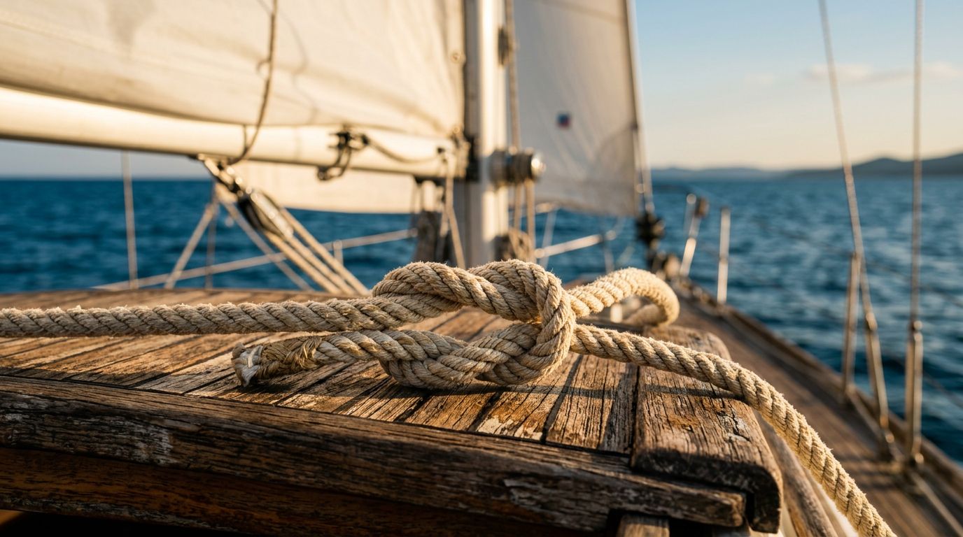 Nodo piano su una cima nautica appoggiata al teak di una barca a vela.