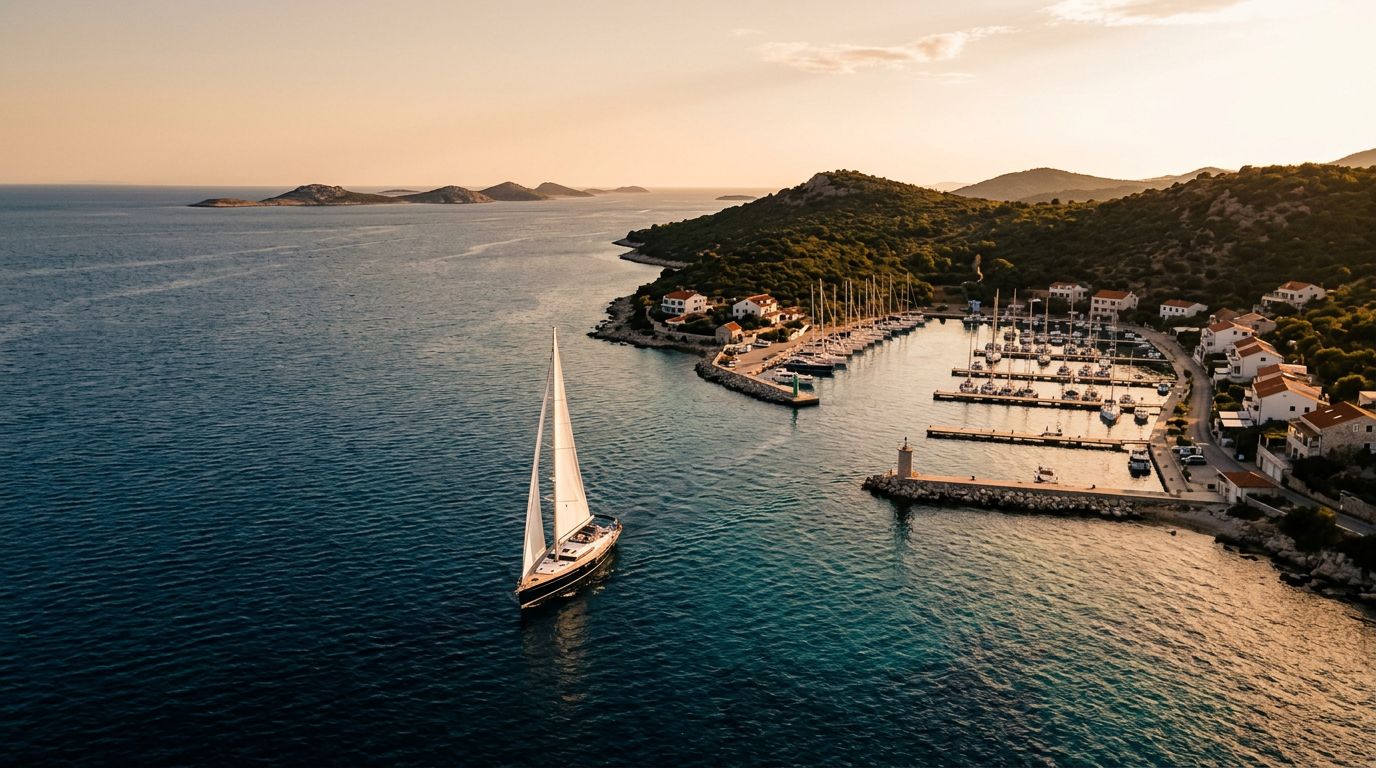 Yacht a vela entra in una marina adriatica al tramonto, tra pontili e costa verde.