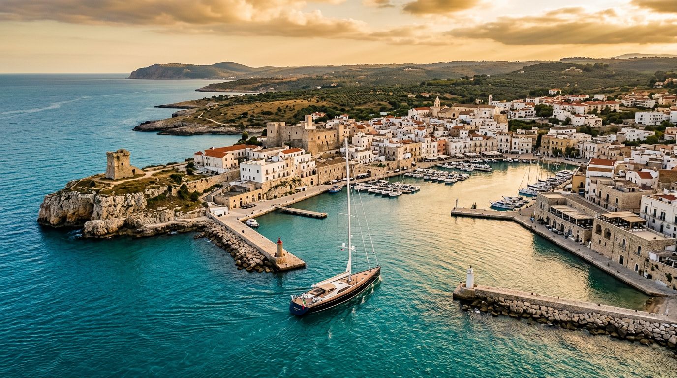 Barca a vela in un porto pugliese tra costa calcarea e borgo storico.