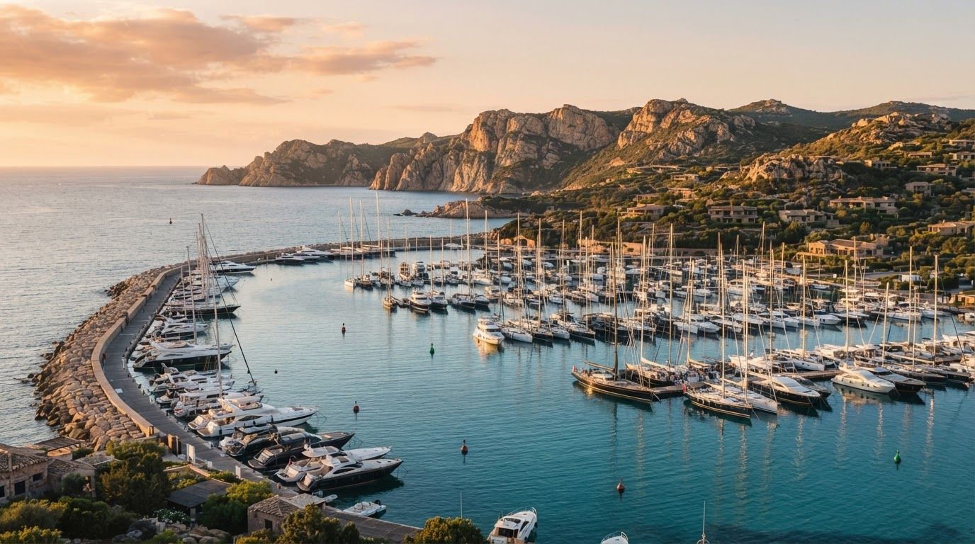 Barche ormeggiate in una marina sarda al tramonto, con scogliere sullo sfondo.