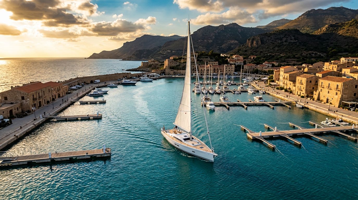 Barca a vela entra in un porto siciliano al tramonto, tra pontili e colline.