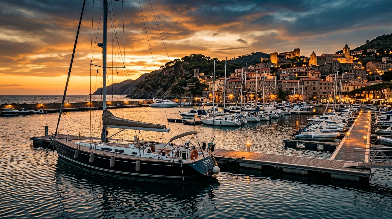 Barca a vela ormeggiata in un porto turistico al tramonto, con colline e borgo sullo sfondo.