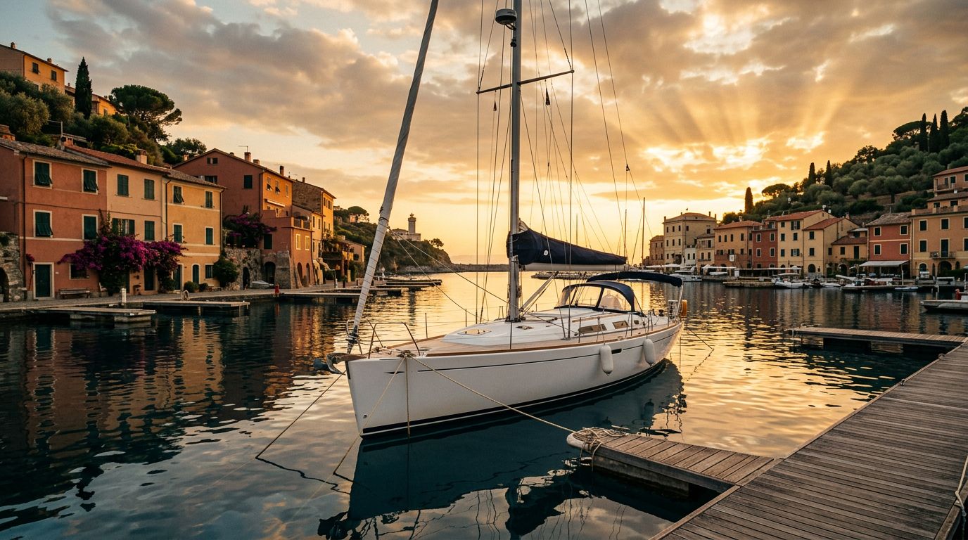 Barca a vela bianca ormeggiata in un porto turistico toscano al tramonto.
