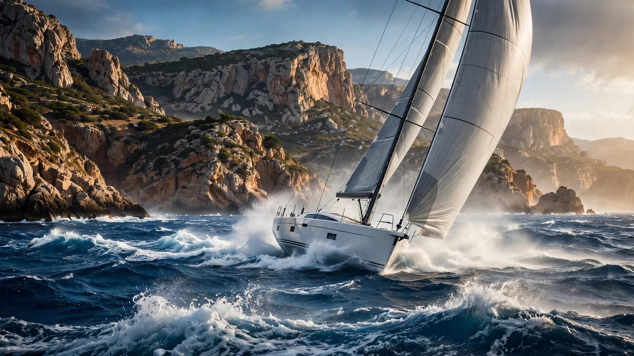 Barca a vela tra le onde davanti alle scogliere della Sardegna.