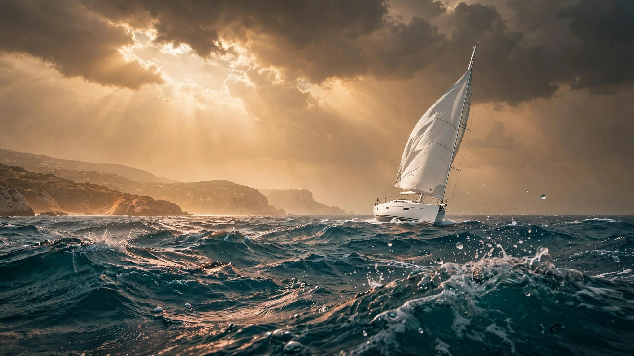 Uno yacht bianco naviga su onde mosse sotto un cielo ambrato e nuvoloso.