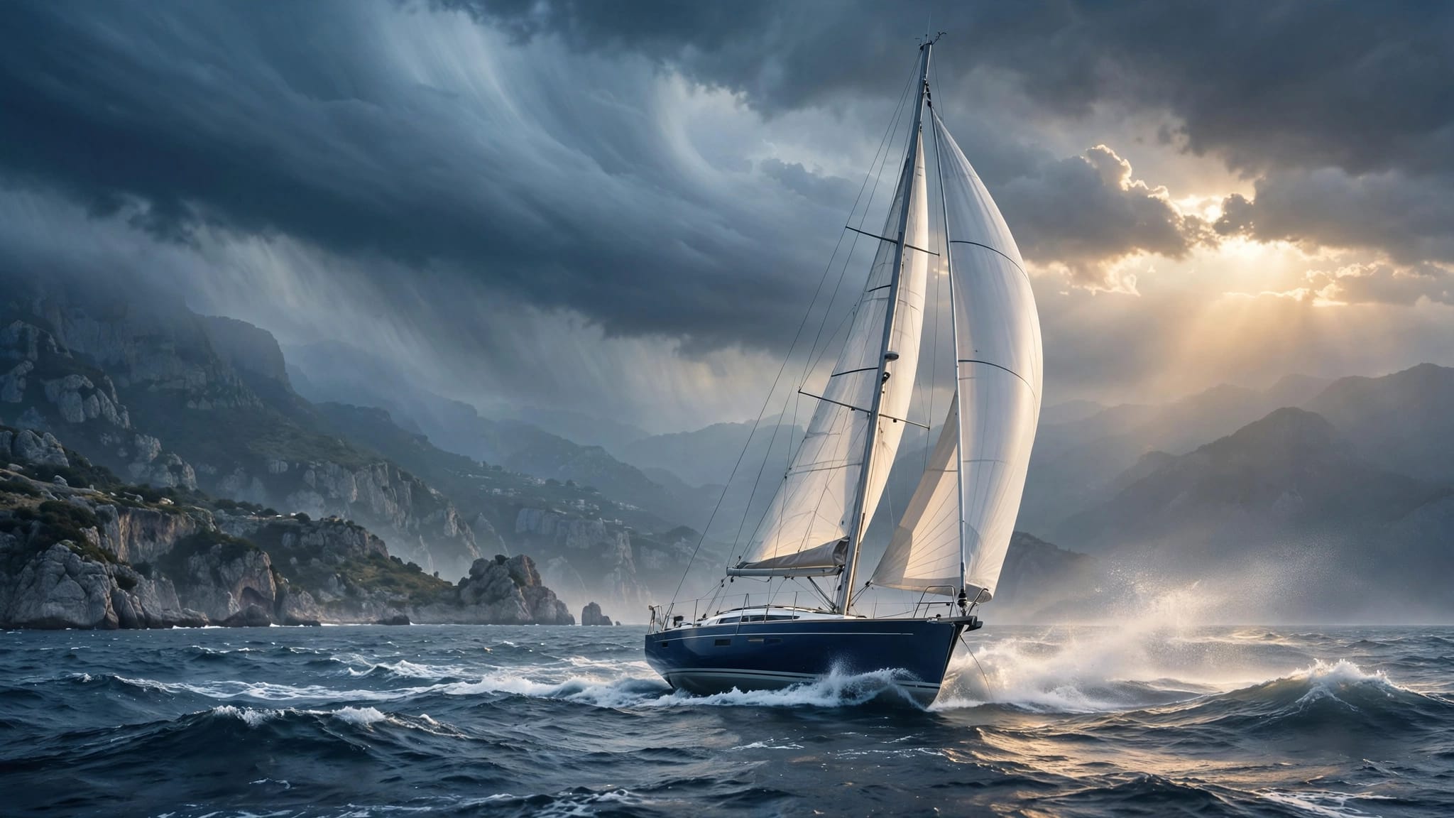 Barca a vela al largo della costa italiana, spinta dal vento tra onde bianche e nuvole scure.