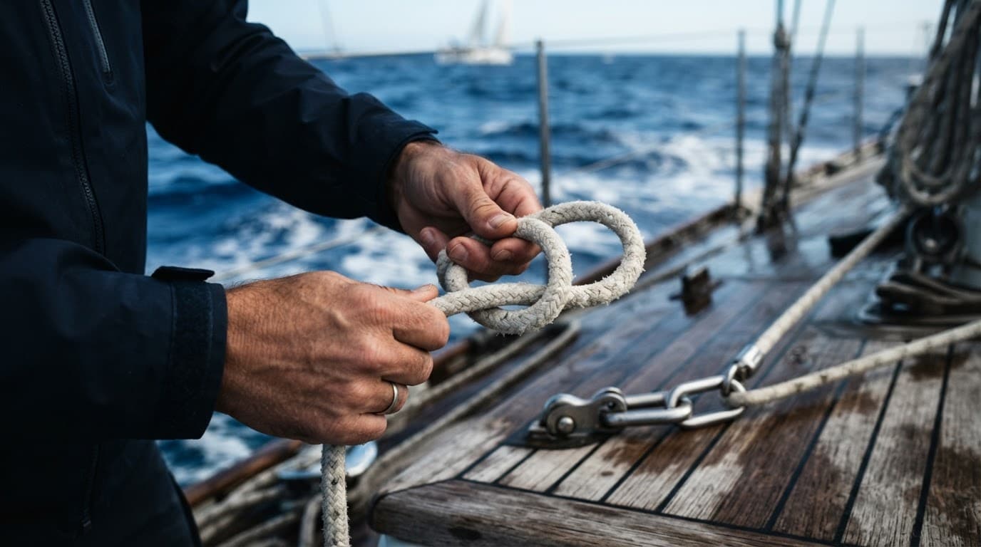 Anello fisso su una cima nautica, con il mare sullo sfondo.
