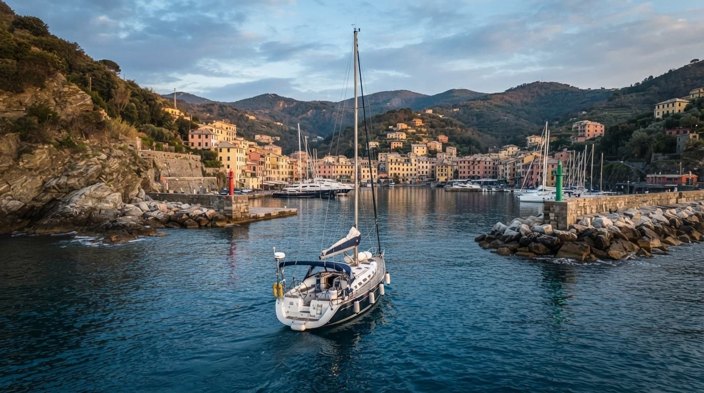 Una barca a vela entra in un porto ligure tra scogliere e luci di navigazione.
