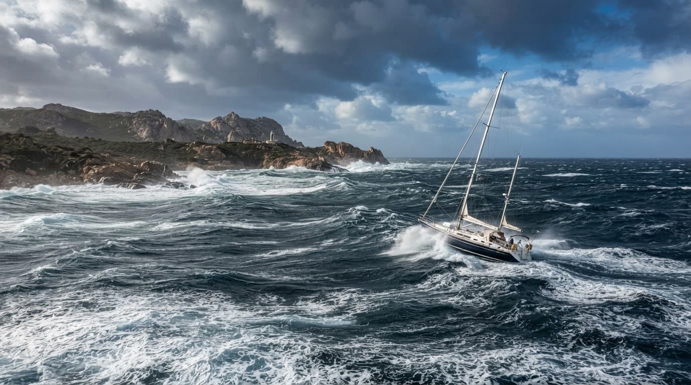 Barca a vela bianca tra onde mosse davanti alla costa rocciosa della Sardegna.