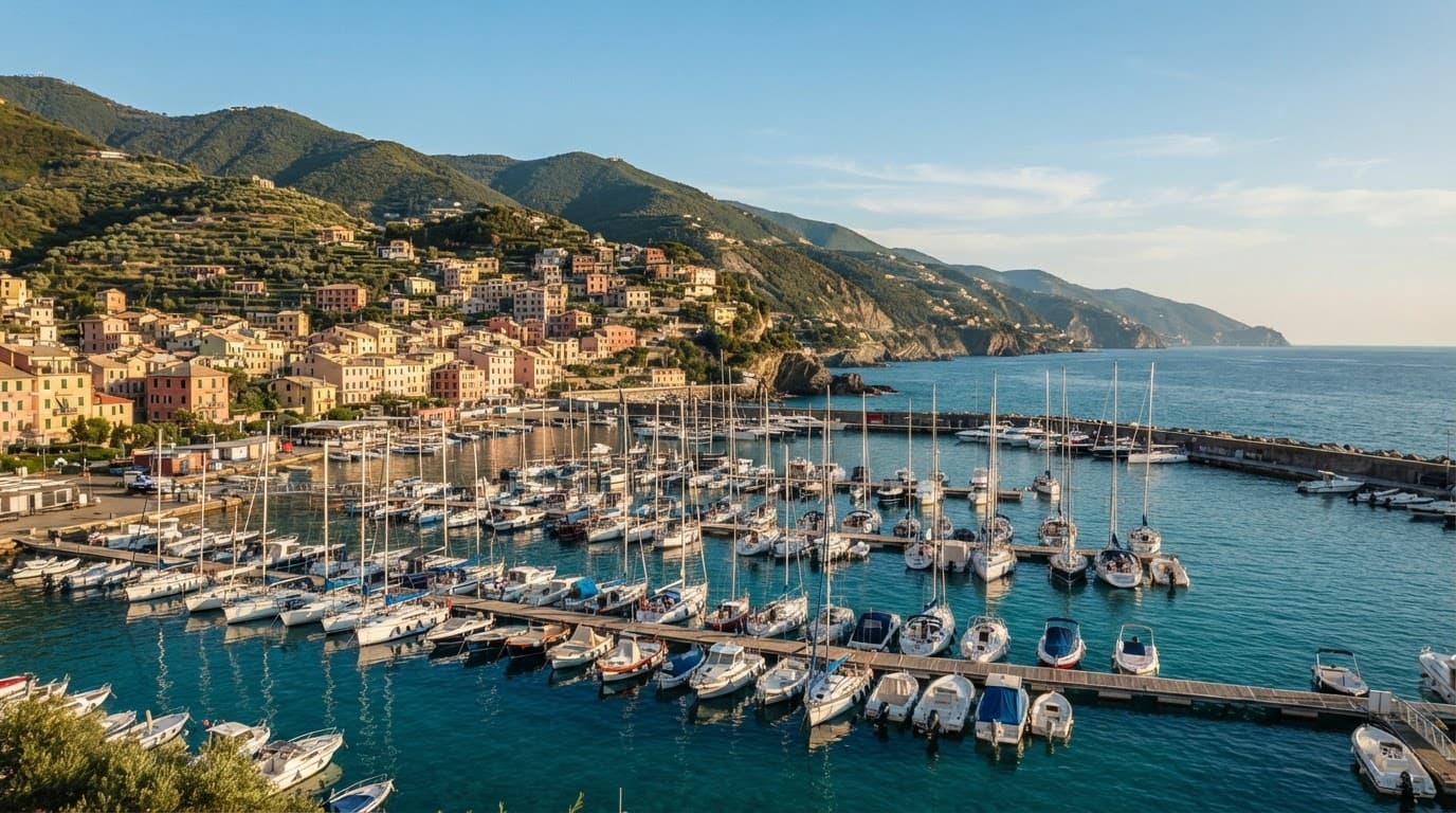 Marina ligure con barche ormeggiate, colline verdi e case pastello sul mare.
