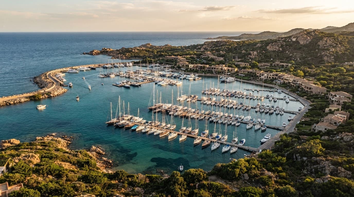 Marina sarda vista dall'alto, con barche a vela e acque turchesi.