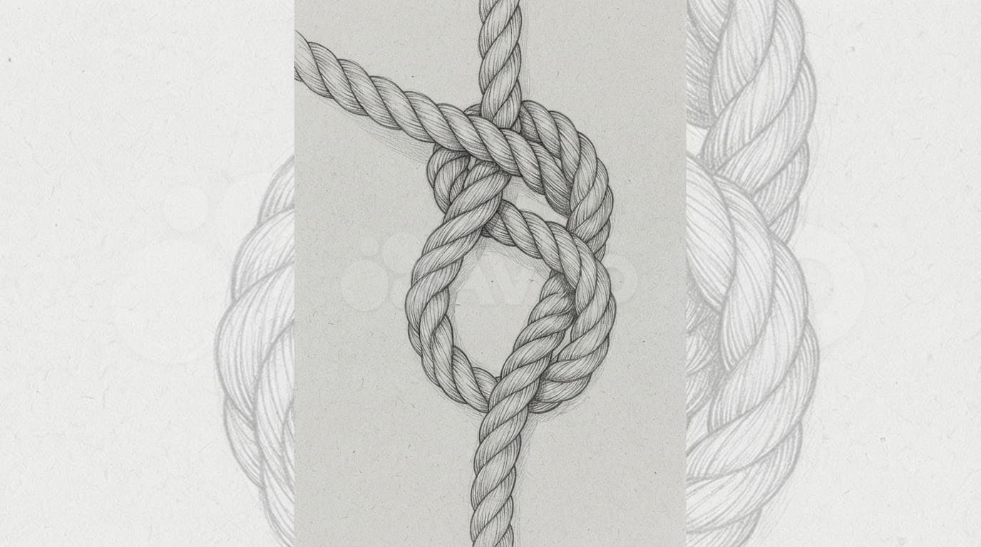 Disegno a grafite di corde nautiche unite in un nodo.