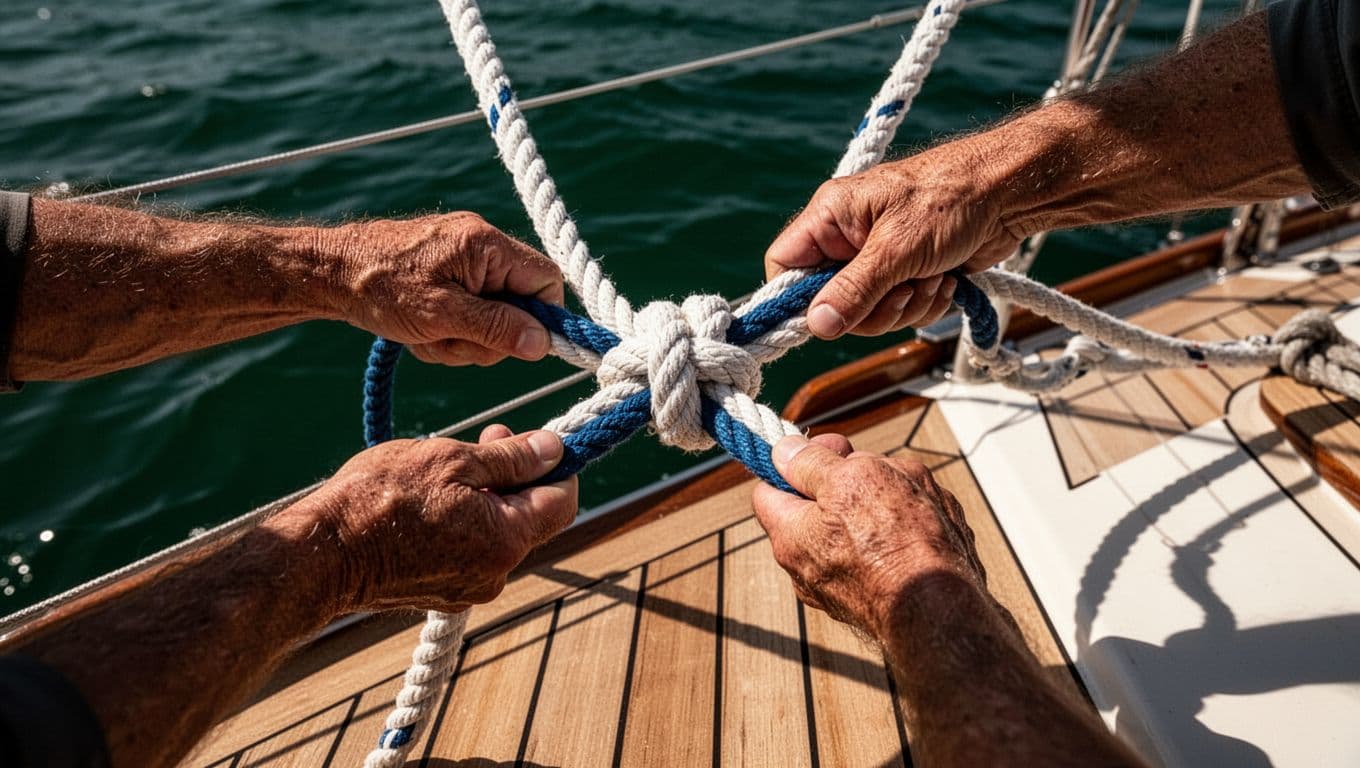 Due mani mostrano un nodo bandiera finito con una cima bianca e una blu sul ponte di una barca.