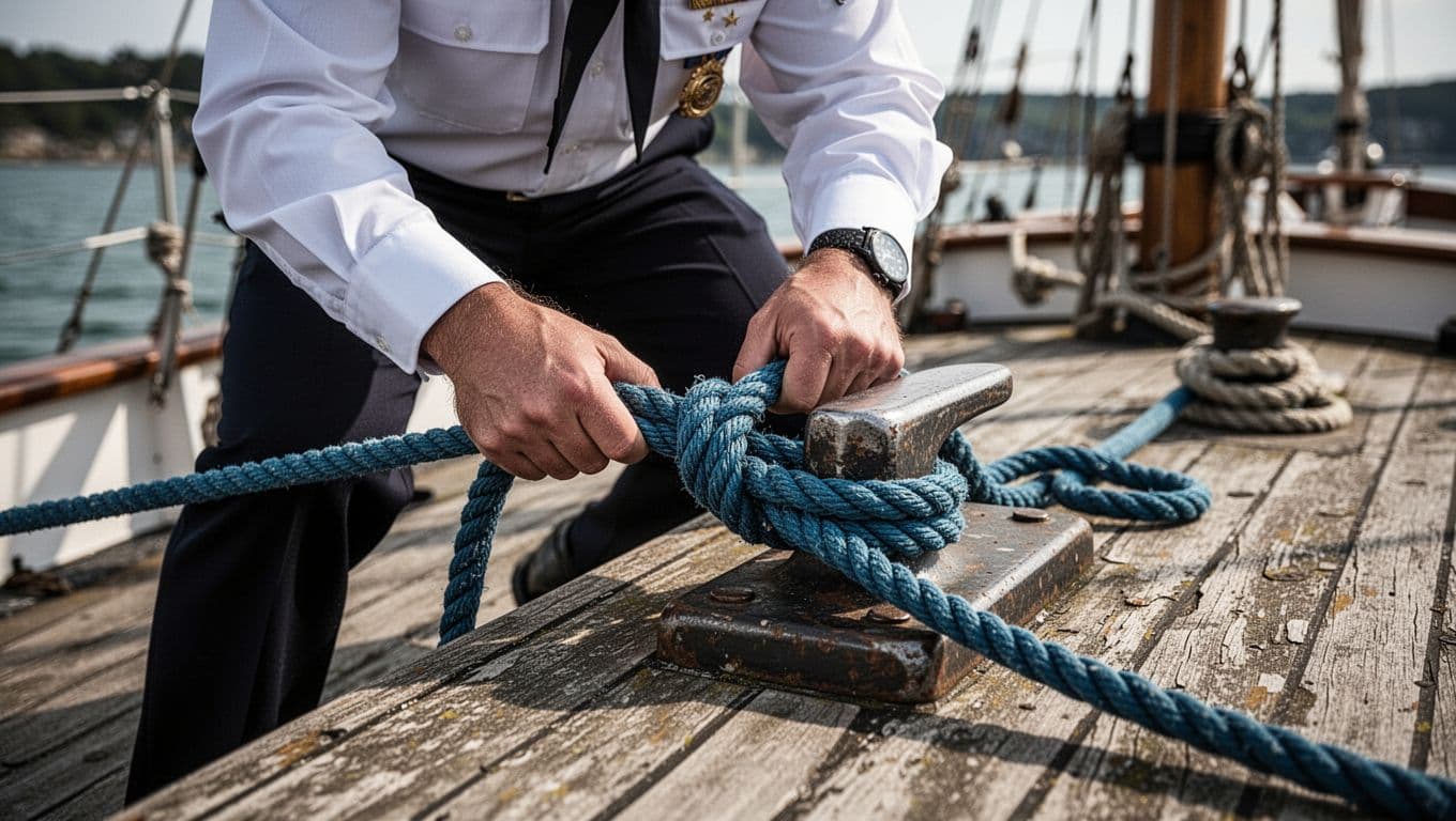 Marinaio che fissa una cima blu a una galloccia sul ponte della barca.