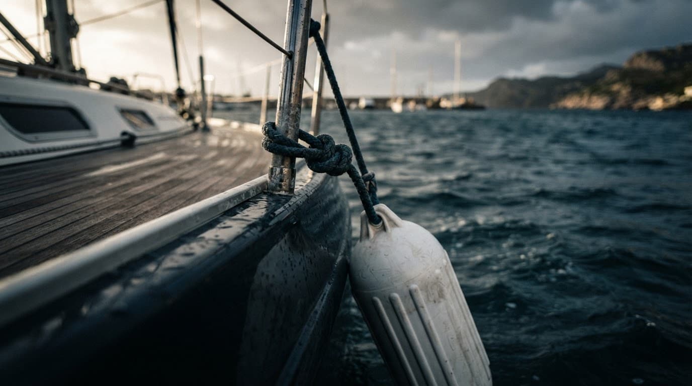 Una cima legata a un candeliere sostiene un parabordo sulla barca.
