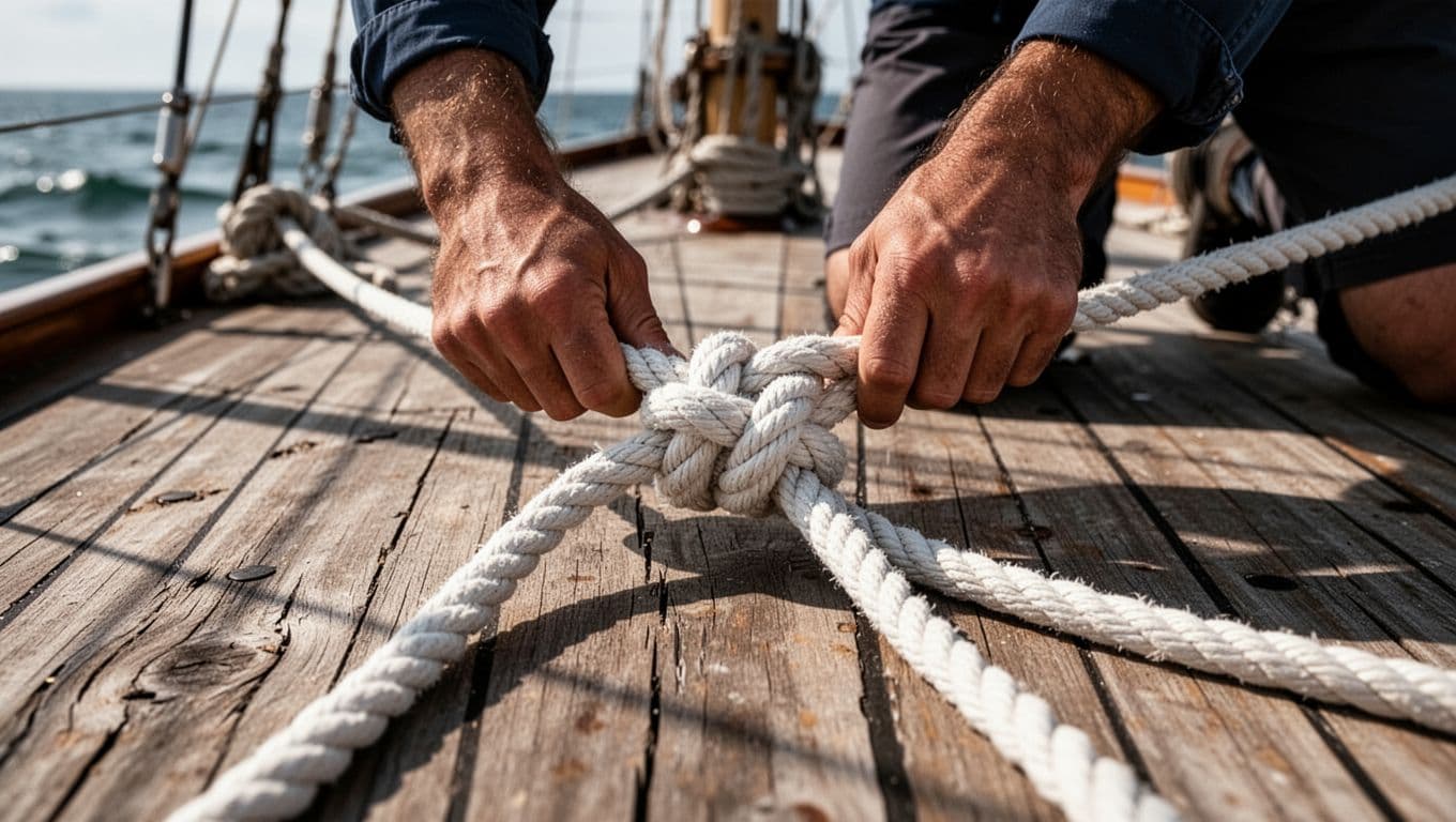 Marinaio che lega un nodo gassa d'amante con una cima bianca sul ponte di legno.