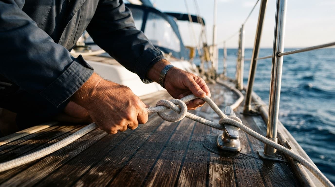 Mani legano una corda bianca formando un nodo sul ponte di teak.