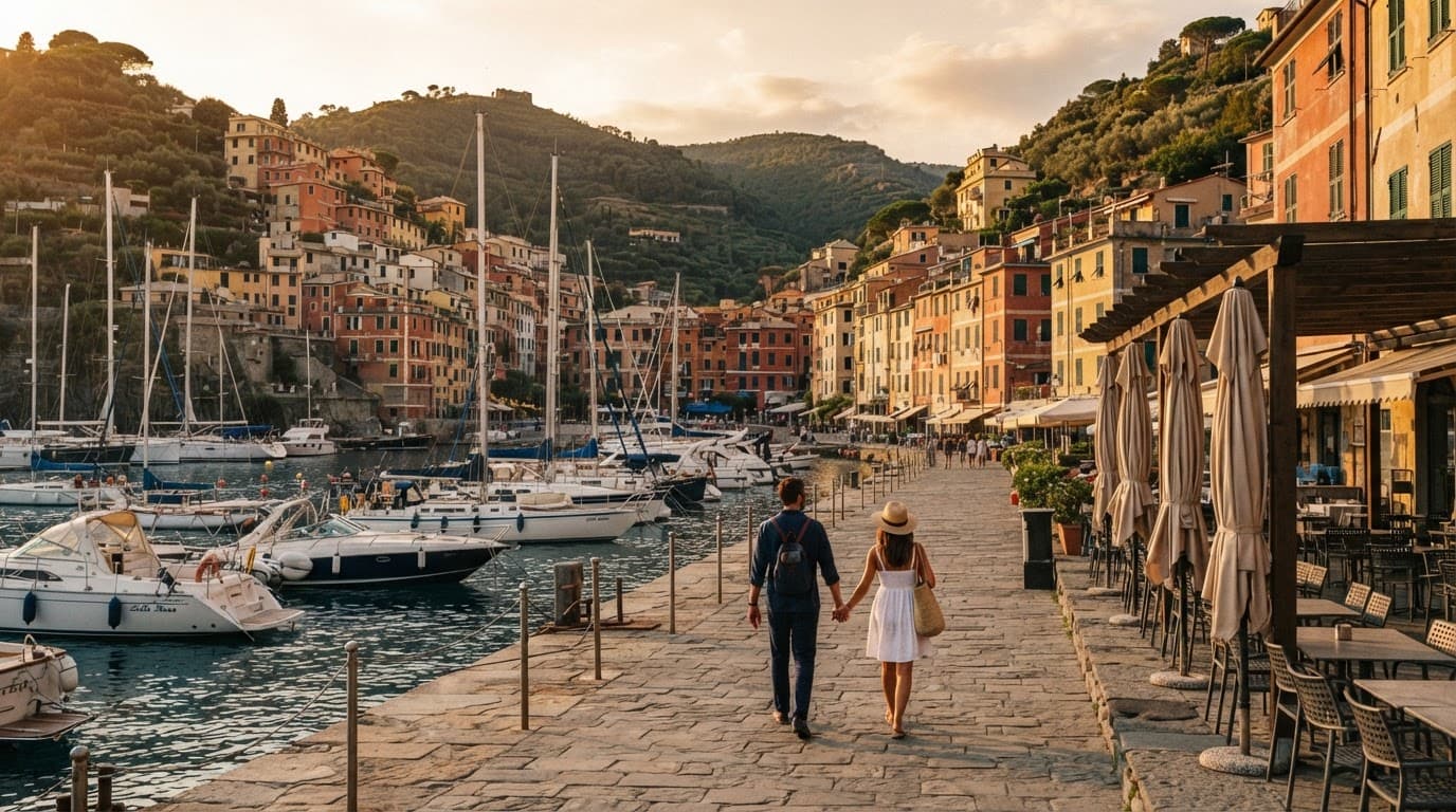 Una coppia cammina sul lungomare ligure accanto a barche a vela e case colorate.