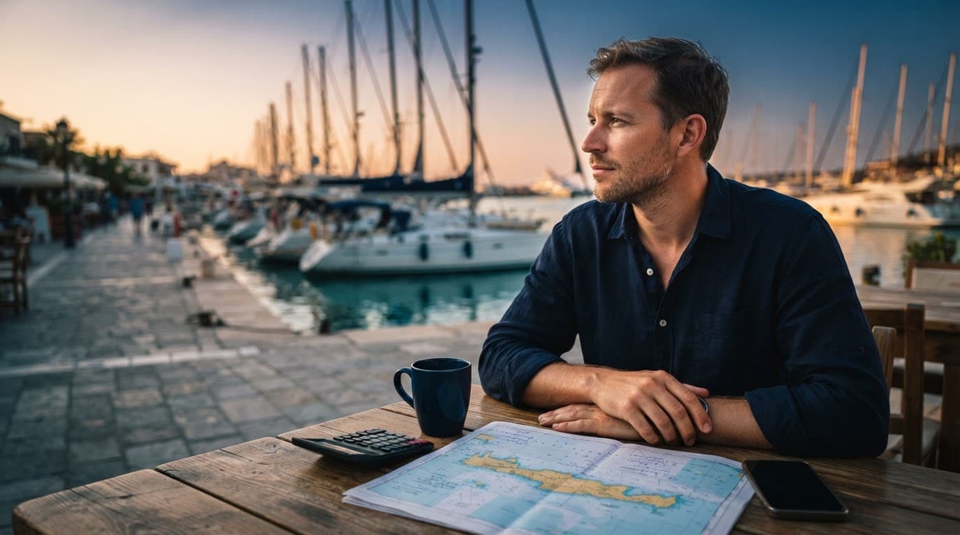 Persona al porto calcola i costi della vacanza in barca con carta nautica e calcolatrice.