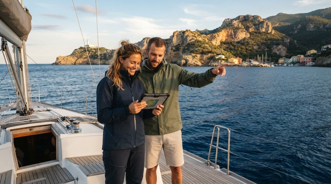 Due marinai consultano un tablet sul ponte della barca.