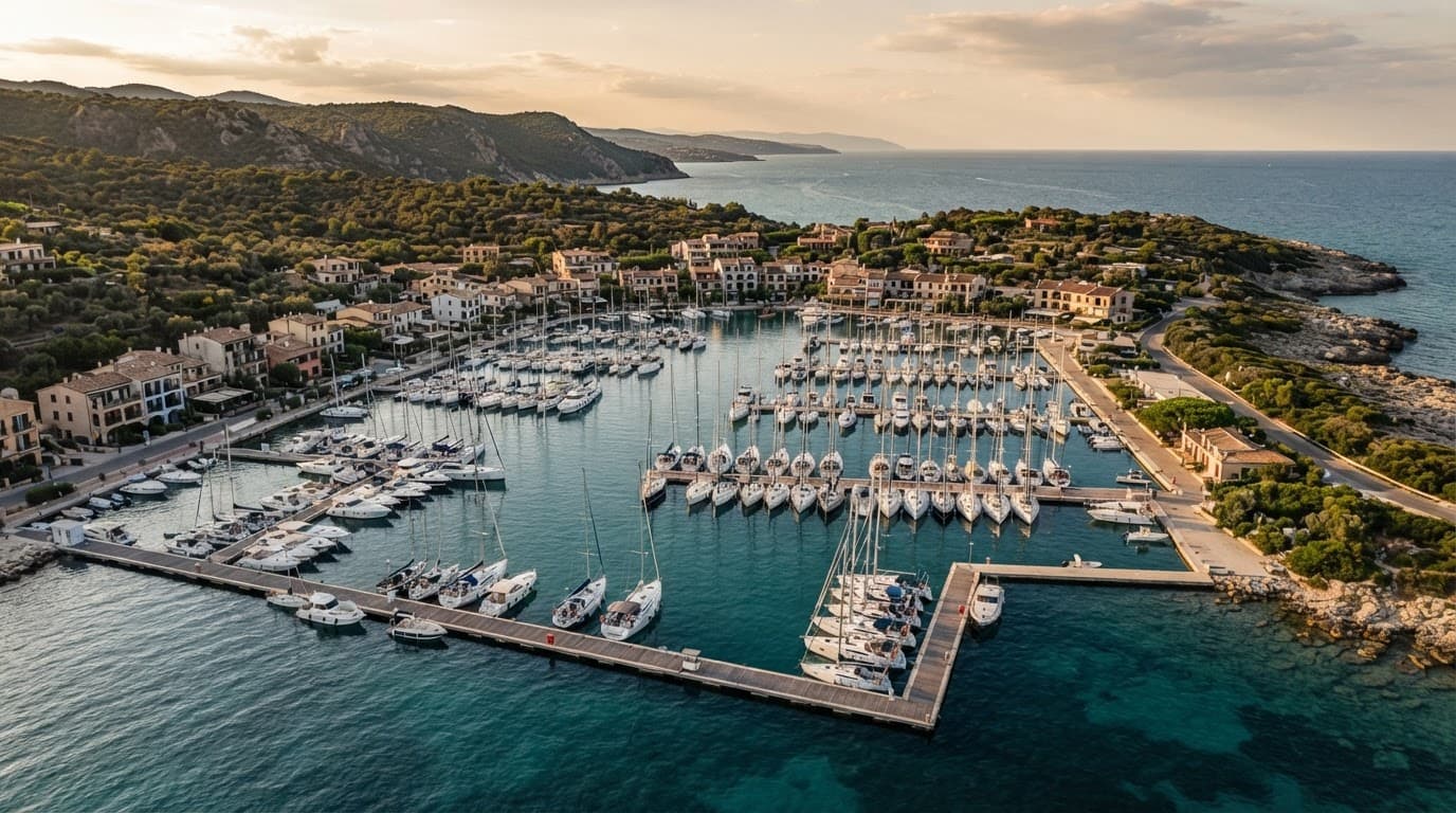 Marina adriatica vista dall'alto con barche ordinate, mare limpido e costa mediterranea sullo sfondo.