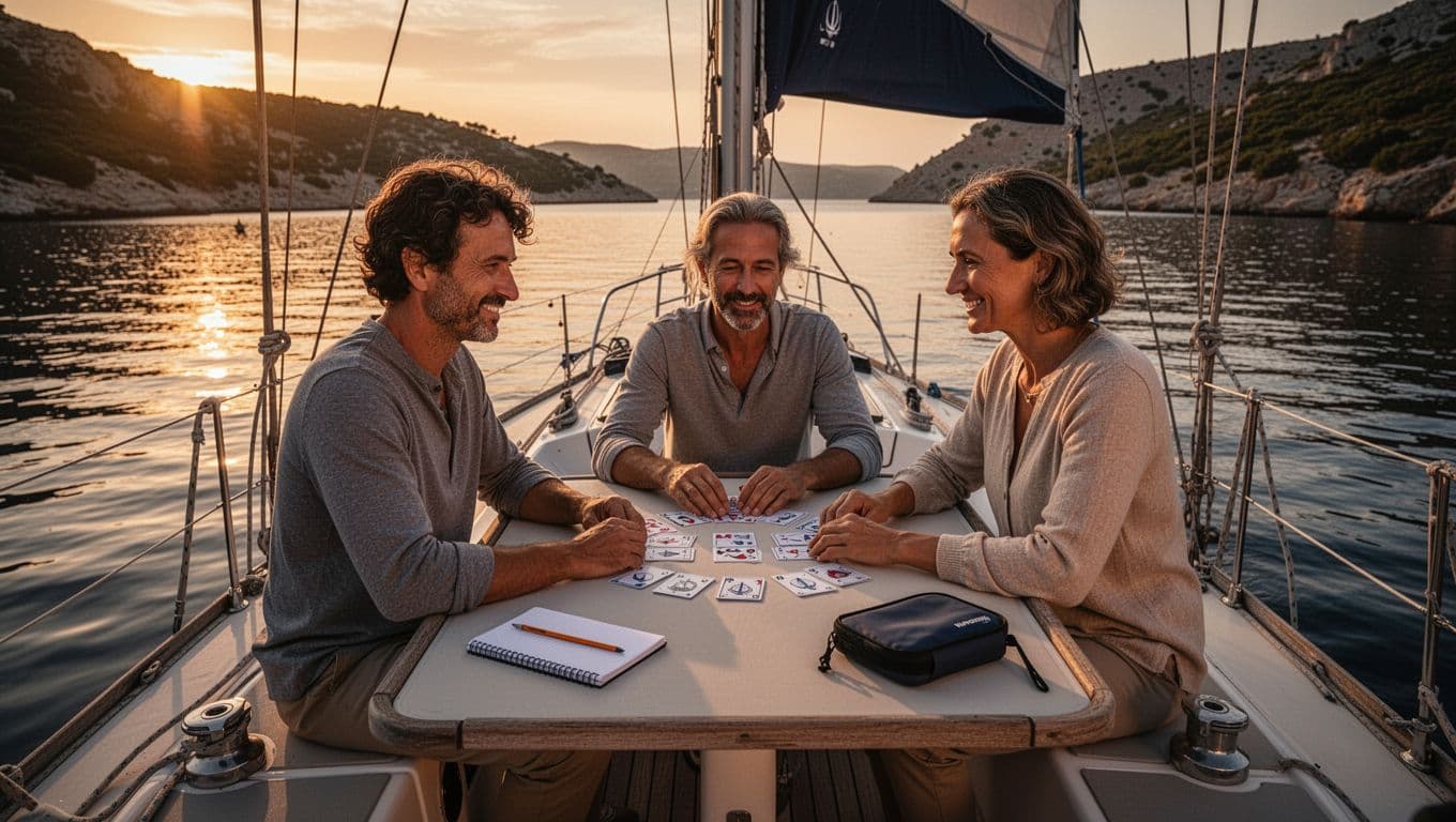 Tre amici giocano a un quiz nautico nel pozzetto di una barca al tramonto.
