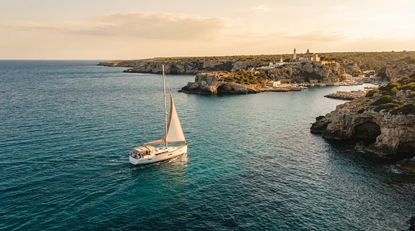 Una barca a vela naviga lungo la costa rocciosa del Salento al tramonto.