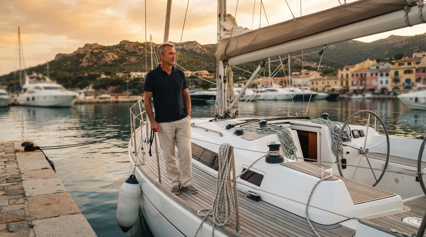 Uno skipper prepara una barca a vela in una tranquilla marina sarda all'alba.