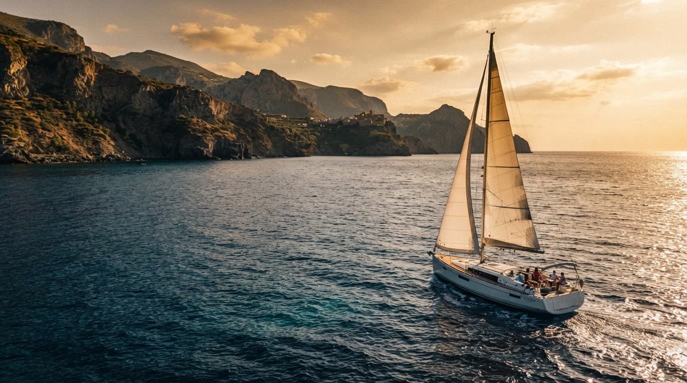 Yacht a vela con passeggeri indistinti davanti a una costa italiana al tramonto.
